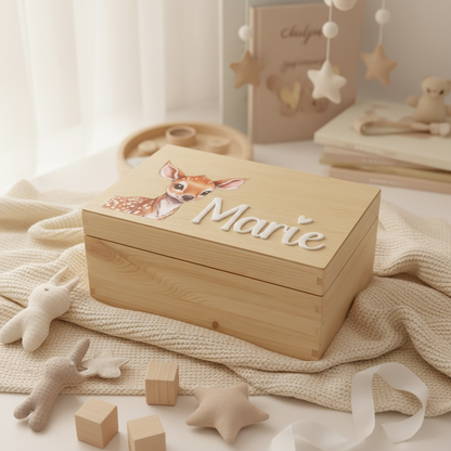 Personalisierte Holzkiste mit Rehkiz | Erinnerungskiste für Kinder | Namensschild aus Acrylglas | Geschenk zur Geburt & Taufe Das Glückswerk