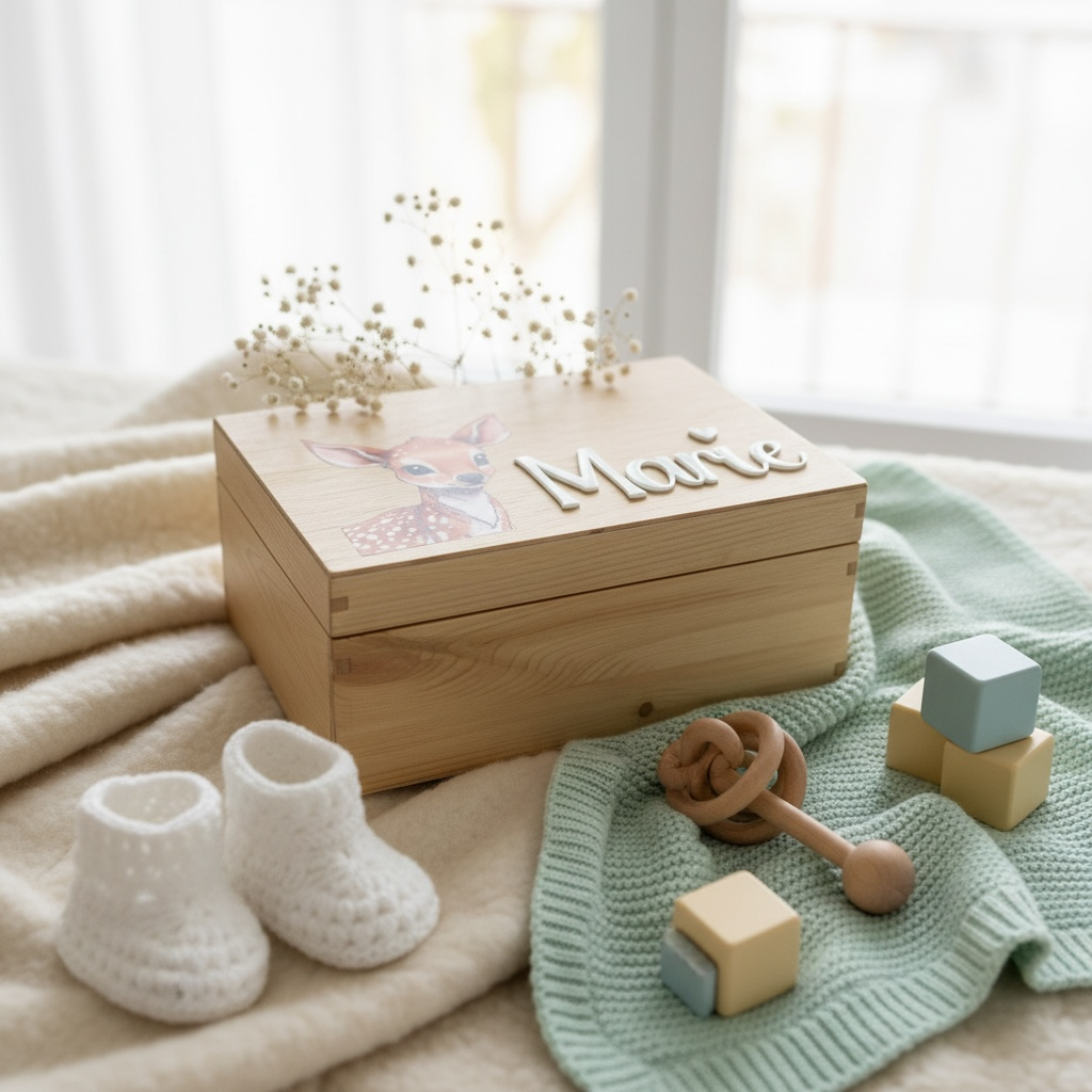 Personalisierte Holzkiste mit Rehkiz | Erinnerungskiste für Kinder | Namensschild aus Acrylglas | Geschenk zur Geburt & Taufe Das Glückswerk