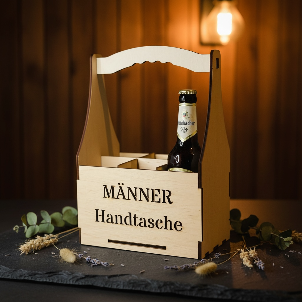 Flaschenträger "Männerhandtasche" aus Holz für 6 Bierflaschen Flaschenträger Das Glückswerk