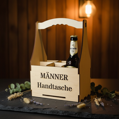 Flaschenträger "Männerhandtasche" aus Holz für 6 Bierflaschen Flaschenträger Das Glückswerk