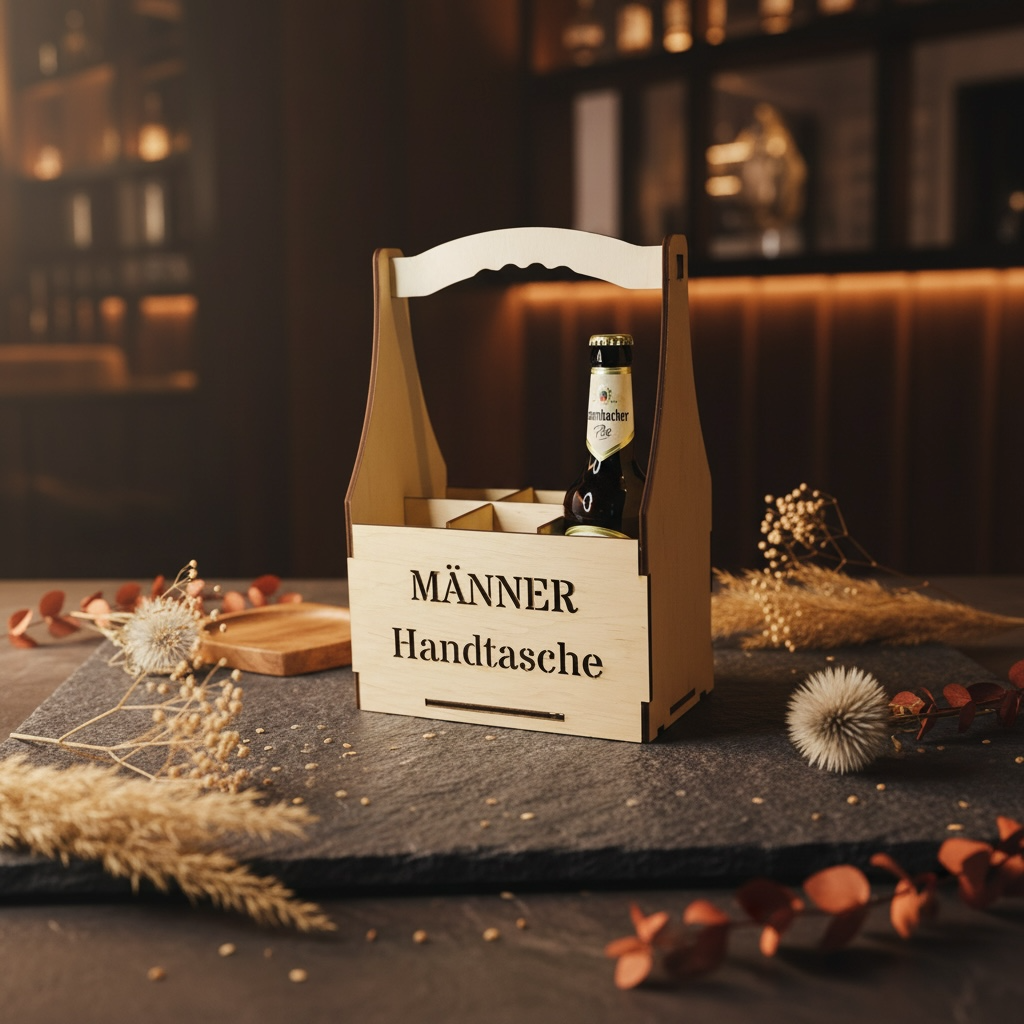 Flaschenträger "Männerhandtasche" aus Holz für 6 Bierflaschen Flaschenträger Das Glückswerk
