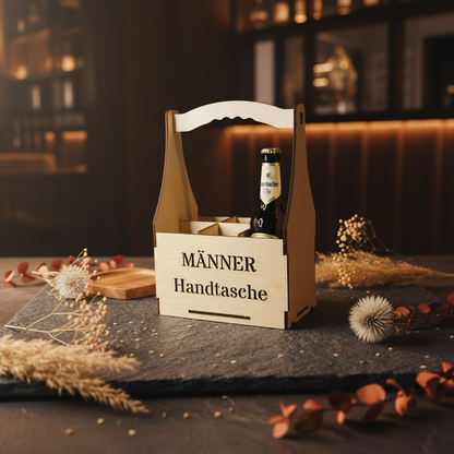 Flaschenträger "Männerhandtasche" aus Holz für 6 Bierflaschen Flaschenträger Das Glückswerk