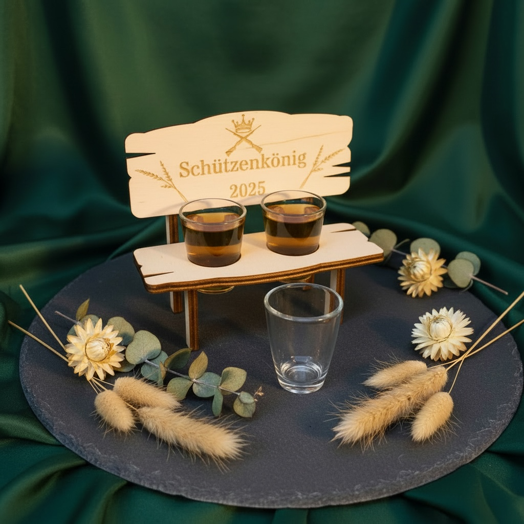 Holzbank mit 2 Schnapsgläsern und personalisierter Gravur – Schützenkönig 2025, Krone & Gewehr – Perfekte Geschenkidee für den Schützenkönig Schnapsbank Das Glückswerk