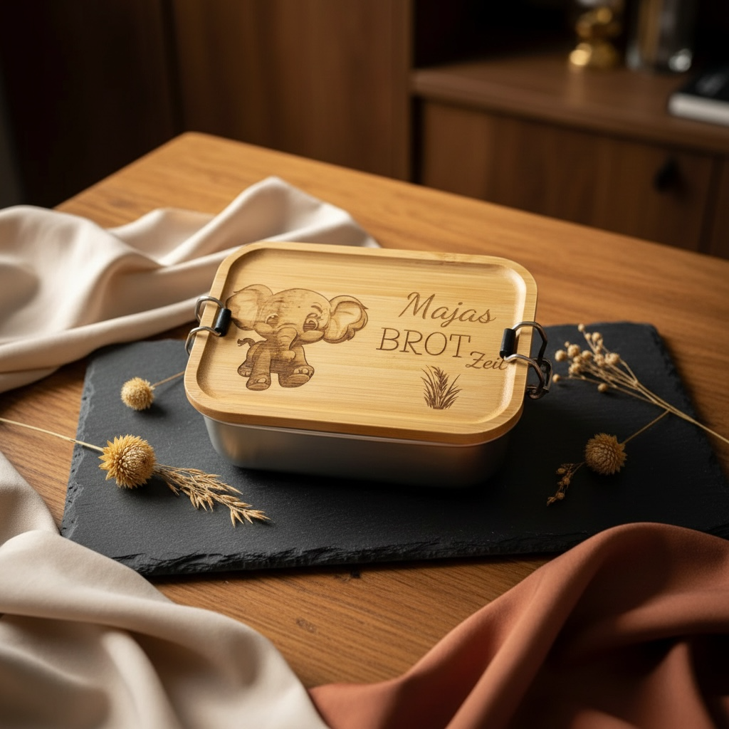 Bento-Box Brotdose mit individueller Gravur und Tiermotiv aus Edelstahl und Bambus Holz 750ml Dose Lunchbox Das Glückswerk