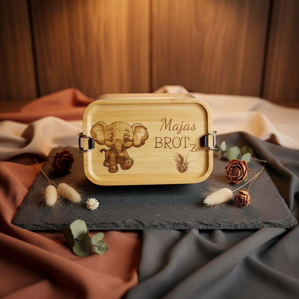 Bento-Box Brotdose mit individueller Gravur und Tiermotiv aus Edelstahl und Bambus Holz 750ml Dose Lunchbox Das Glückswerk