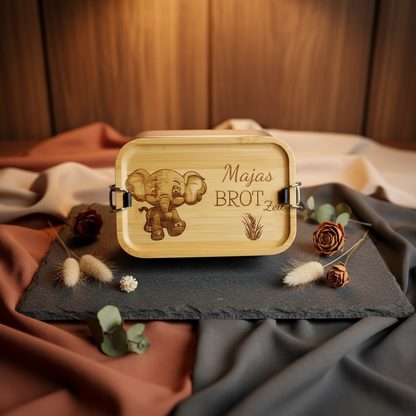 Bento-Box Brotdose mit individueller Gravur und Tiermotiv aus Edelstahl und Bambus Holz 750ml Dose Lunchbox Das Glückswerk