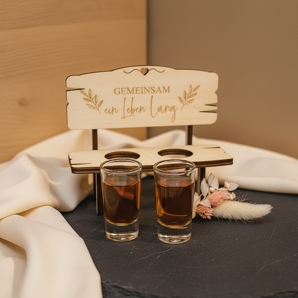 Holzbank mit 2 Schnapsgläsern und Personalisierter Gravur GEMEINSAM ein Leben lang als Hochzeitsgeschenk paargeschenk Schnapsbank Das Glückswerk