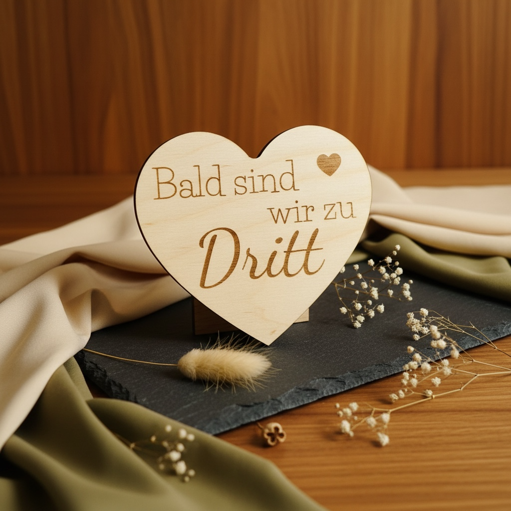 Herz aus Holz mit der aufschrift "Bald sind wir zu dritt" zum Scchwangerschaft mitteilen Schild Das Glückswerk