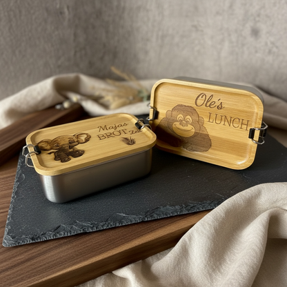 Bento-Box Brotdose mit individueller Gravur und Tiermotiv aus Edelstahl und Bambus Holz 750ml Dose Lunchbox Das Glückswerk