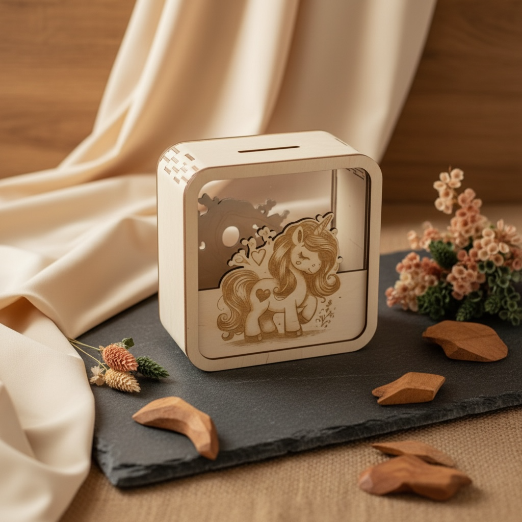 Personalisierte Spardose aus Holz mit Acrylglas für Kinder – Einhorn, Trecker & mehr! Spardose Das Glückswerk