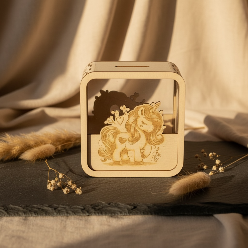 Personalisierte Spardose aus Holz mit Acrylglas für Kinder – Einhorn, Trecker & mehr! Spardose Das Glückswerk