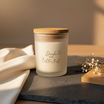 Handgemachte Sojawachs Kerze im Glas mit Holzdeckel und Aufschrift Danke für die tolle Zeit Kerze Das Glückswerk