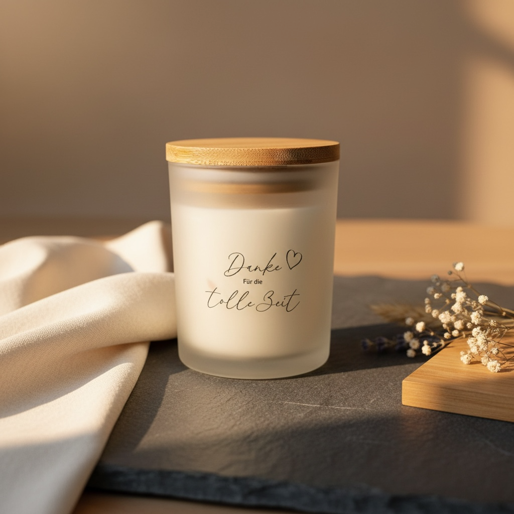 Handgemachte Sojawachs Kerze im Glas mit Holzdeckel und Aufschrift Danke für die tolle Zeit Kerze Das Glückswerk