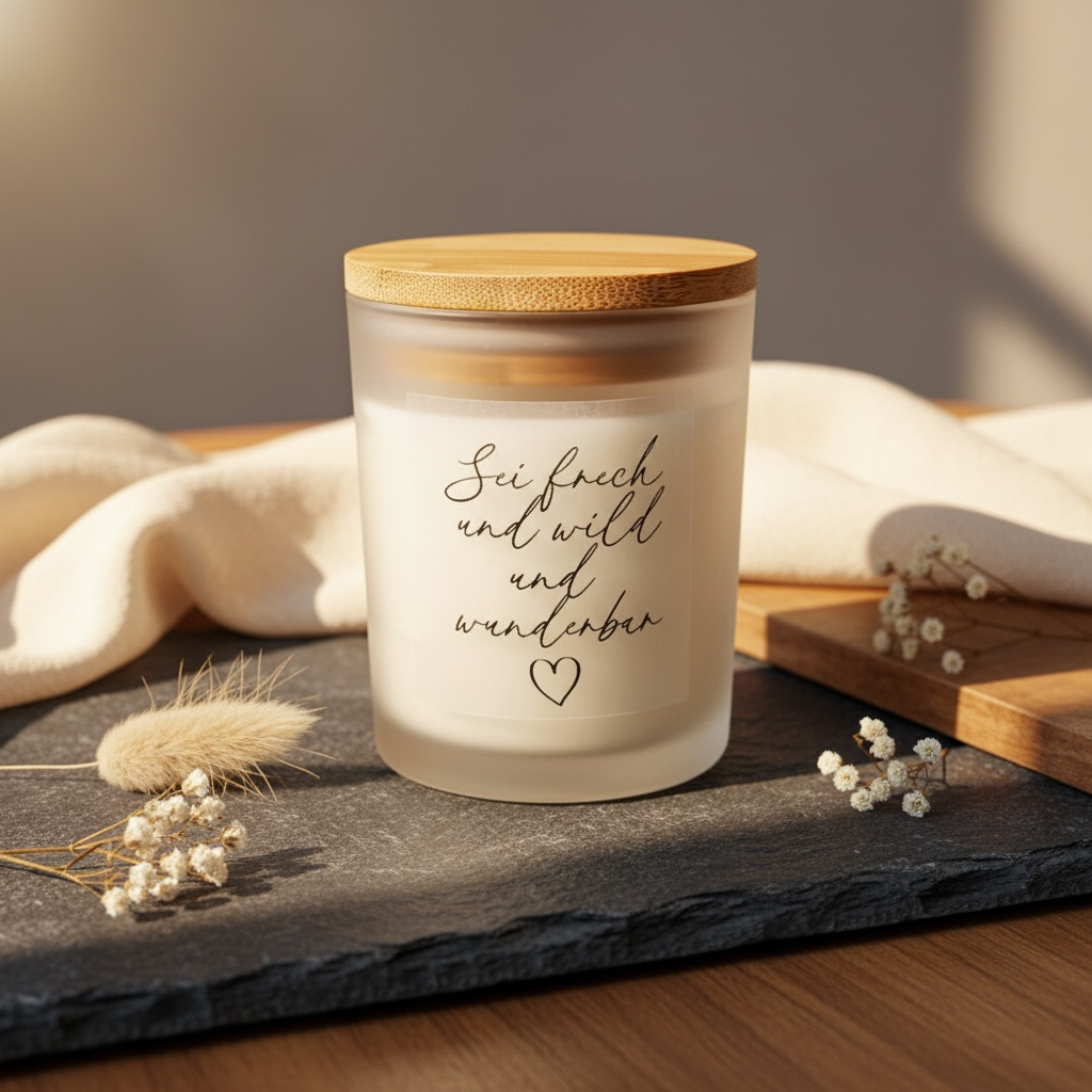 Handgemachte Sojawachs Kerze im Glas mit aholzdeckel und Aufschrift sei wild und frech und wunderbar Kerze Das Glückswerk