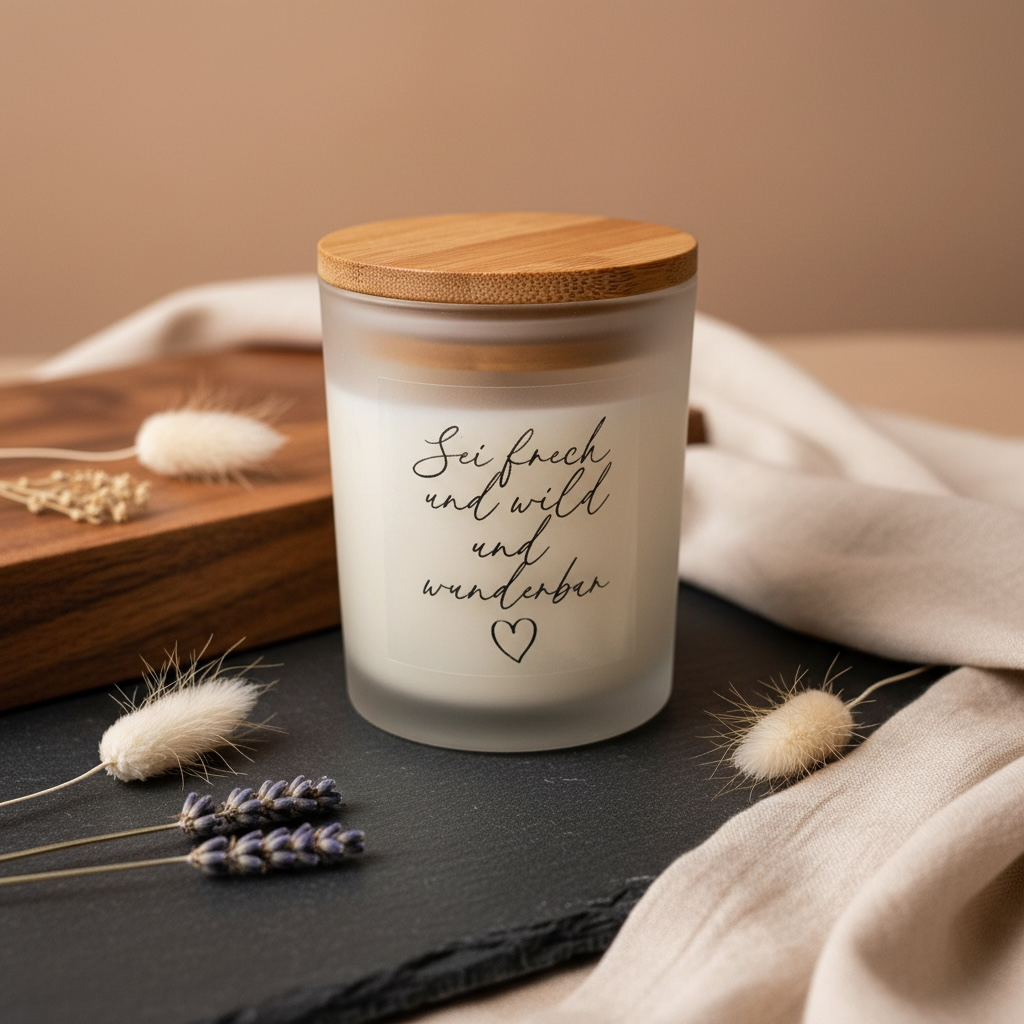 Handgemachte Sojawachs Kerze im Glas mit aholzdeckel und Aufschrift sei wild und frech und wunderbar Kerze Das Glückswerk