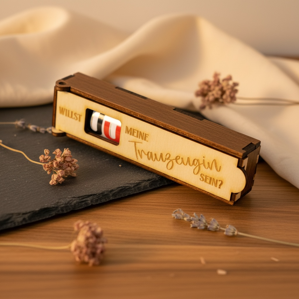 Holz Schokoladenhülle mit Gravur – „Willst du mein Trauzeuge / Trauzeugin sein?“ | Geschenkidee Trauzeuge fragen Das Glückswerk
