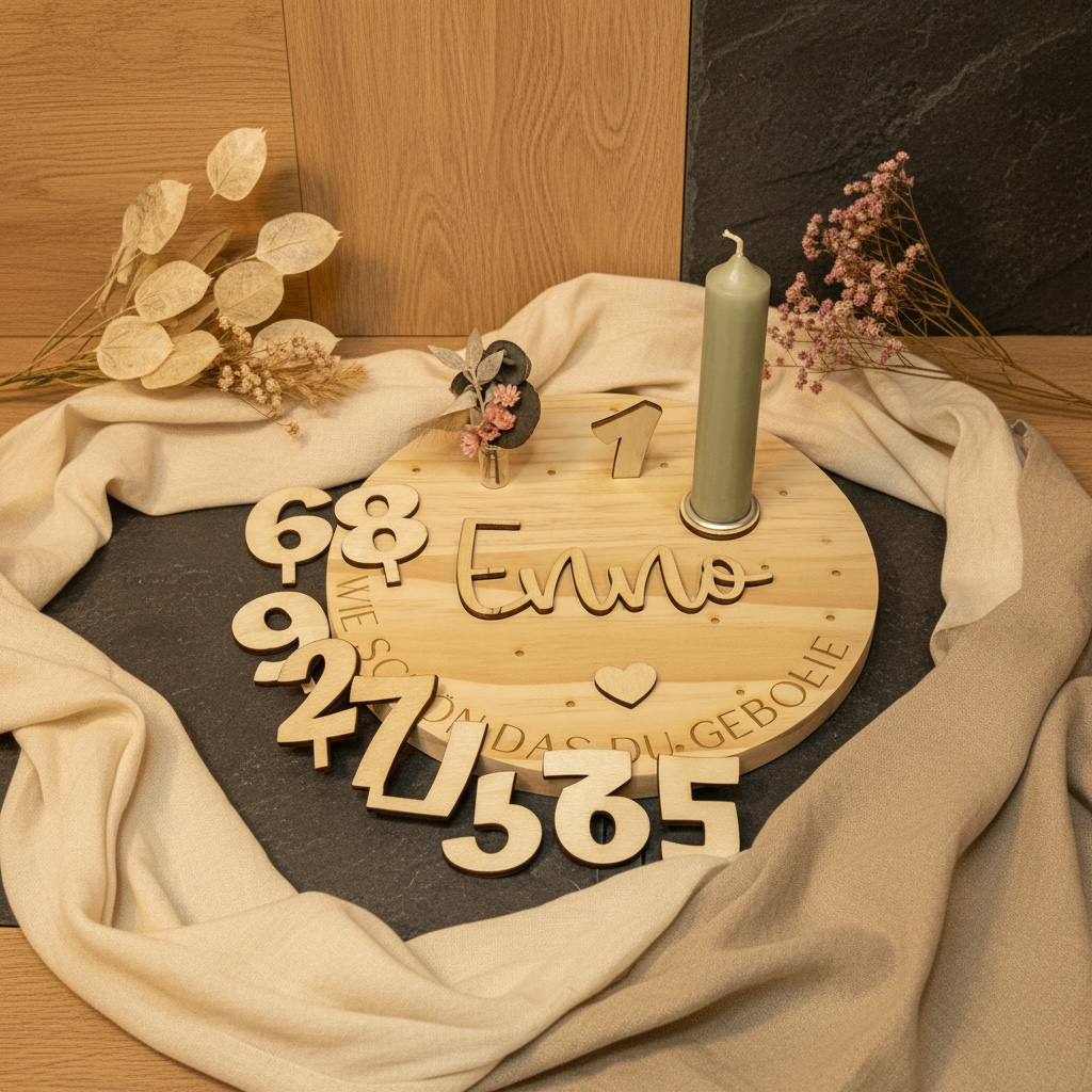 Personalisierter Geburtstagsteller aus Holz mit Kerzenhalter & Zahlen 1–9 – Geburtstagsdeko für Kinder Geburtstagsteller Das Glückswerk