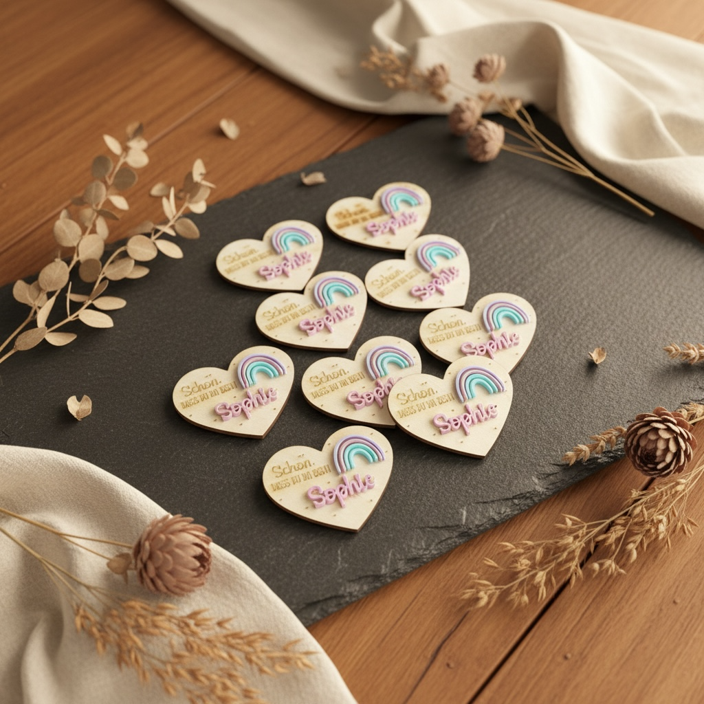1 Personalisierte Herz-Holzplatzkarte mit Acryl-Regenbogen – Ideal für Konfirmation, Schulanfang, Geburtstag & Kinderfeste Platzkarte Das Glückswerk
