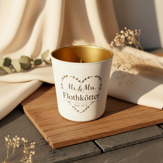 Elegantes Kerzenglas Weiß und Gold mit Gravur „Mr & Mrs“ – Perfektes Hochzeitsgeschenk Hochzeitsdeko Teelichhalter Das Glückswerk