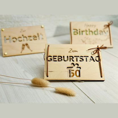 Geldgeschenk Karte zum Geburtstag aus Holz mit Lederband Geschenkkarte Das Glückswerk
