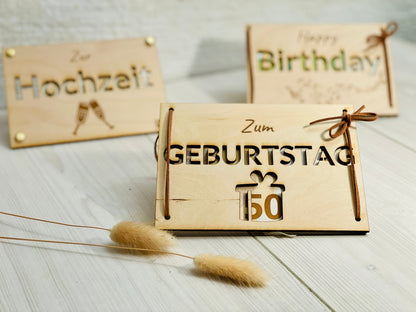 Geldgeschenk Karte Holz Lederband, Geburtstagskarte aus Holz, Größe A4 bis A7, DasGlueckswerk, Geburtstag, Greeting Cards, holz, leder