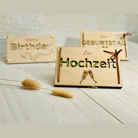 Geschenk Karte Geldgeschenk Hochzeit Taufe Geburtstag individualisiert Holz Lederband Geschenkkarte Das Glückswerk