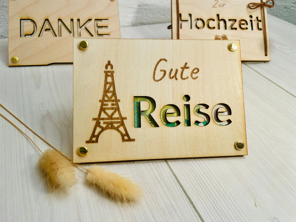 Geldgeschenk Karte Reise Holz, Gravur mit Reisemotiv, Geschenkverpackung für Geldscheine, DasGlueckswerk, Dekoration