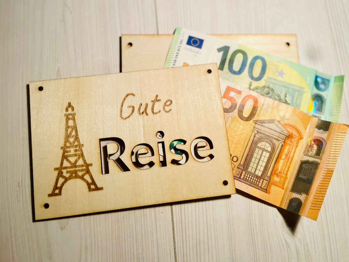 Geldgeschenk Karte Reise Holz, Gravur mit Reisemotiv, Geschenkverpackung für Geldscheine, DasGlueckswerk, Dekoration, Greeting Cards, holz, leder