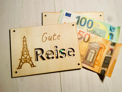 Geldgeschenk Karte Reise Holz, Gravur mit Reisemotiv, Geschenkverpackung für Geldscheine, DasGlueckswerk, Dekoration, Greeting Cards, holz, leder