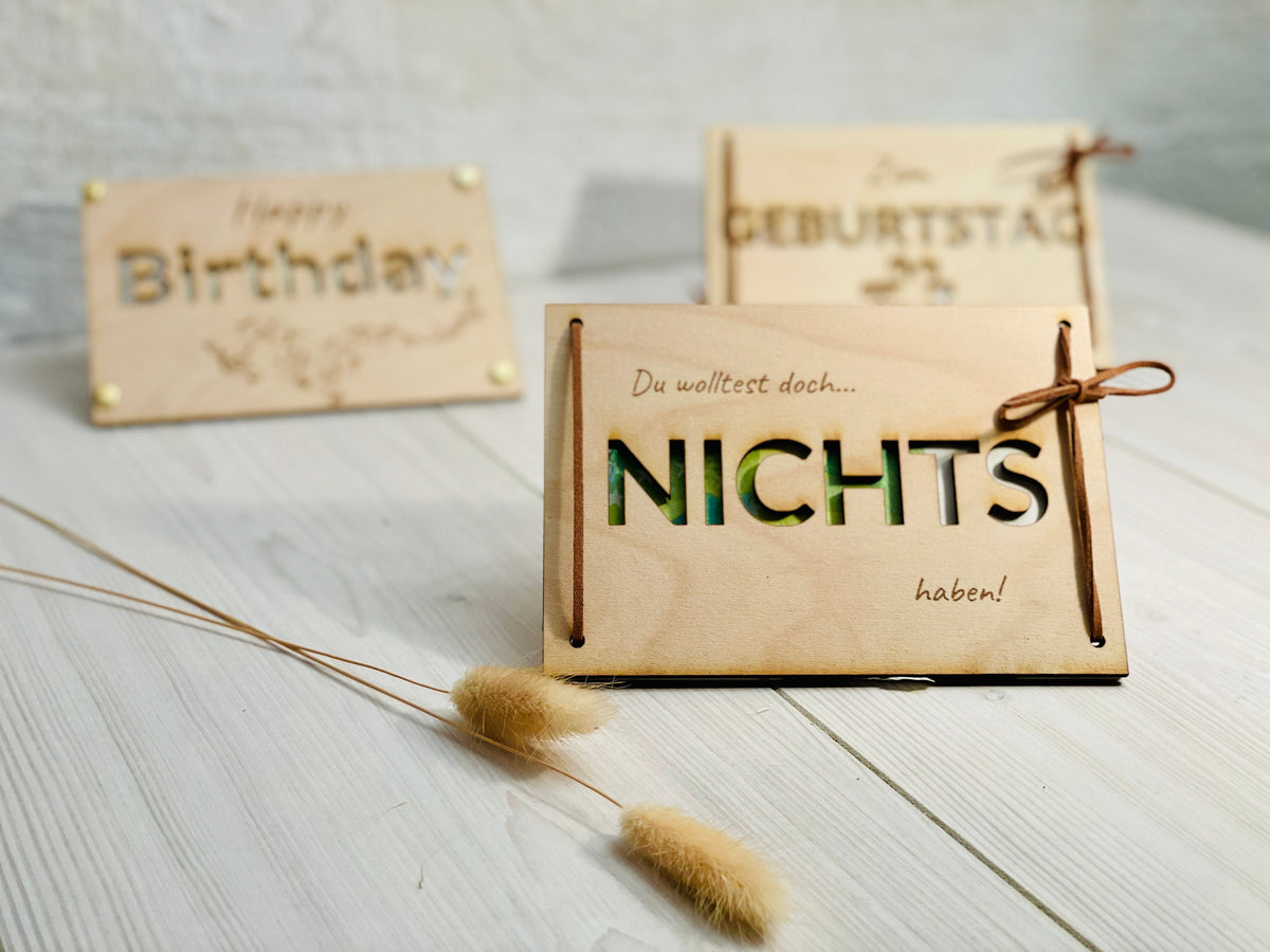Geldgeschenk Karte Nichts Holz, Lederband oder Nieten, Größe A4 bis A7, DasGlueckswerk, Dekoration, Greeting Cards, 
