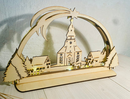 Schwibbogen SVG Seiffener Kirche, Laser Cut Vorlage für Weihnachten, Datei zum Selbermachen, DasGlueckswerk, Digitale Laserdateien, Ornaments & Accents, holz, led
