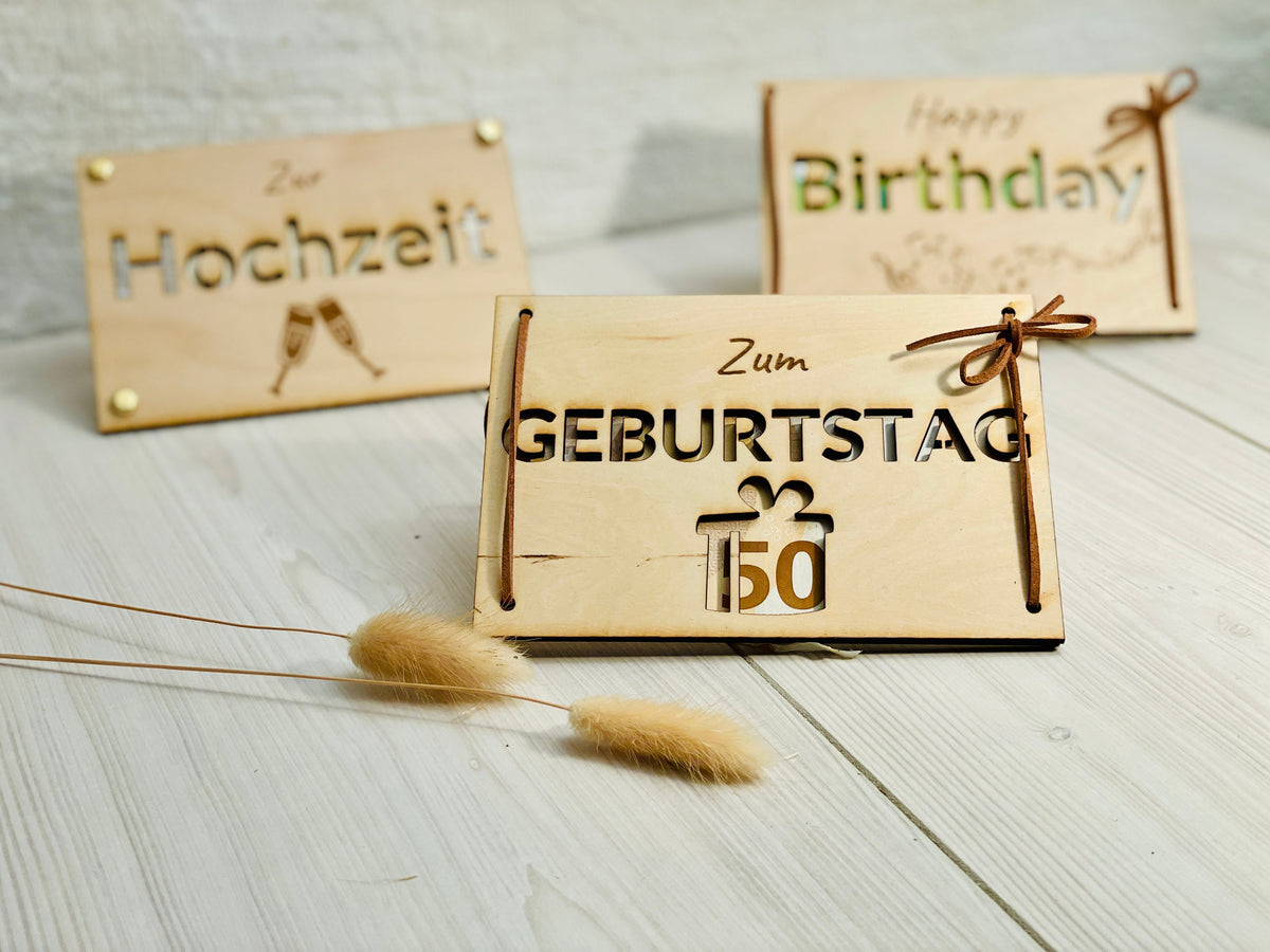Geldgeschenk Karte Holz Lederband, Geburtstagskarte aus Holz, Größe A4 bis A7, DasGlueckswerk, Geburtstag, Greeting Cards, holz, leder