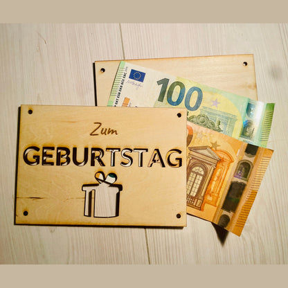 Geldgeschenk Karte zum Geburtstag aus Holz mit Lederband Geschenkkarte Das Glückswerk