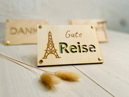 Geldgeschenk Karte Reise Holz, Gravur mit Reisemotiv, Geschenkverpackung für Geldscheine, DasGlueckswerk, Dekoration