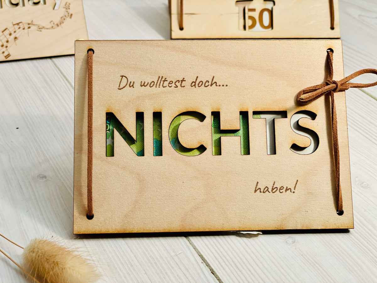 Geldgeschenk Karte Nichts Holz, Lederband oder Nieten, Größe A4 bis A7, DasGlueckswerk, Dekoration, Greeting Cards, 