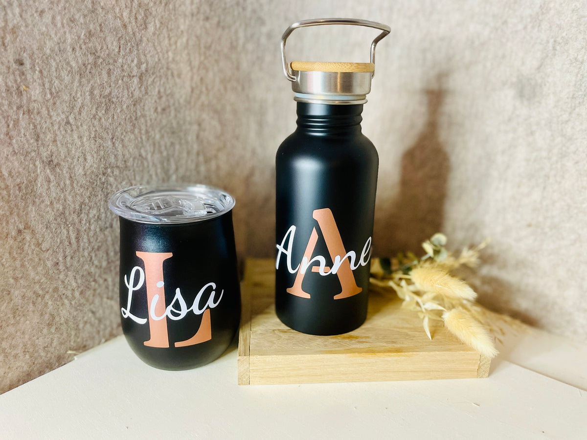 Weinbecher personalisiert mit Namen, Edelstahl schwarz oder grau, Geschenk für Freunde, DasGlueckswerk, Küche & Genuss, Travel Mugs, metall, plastik