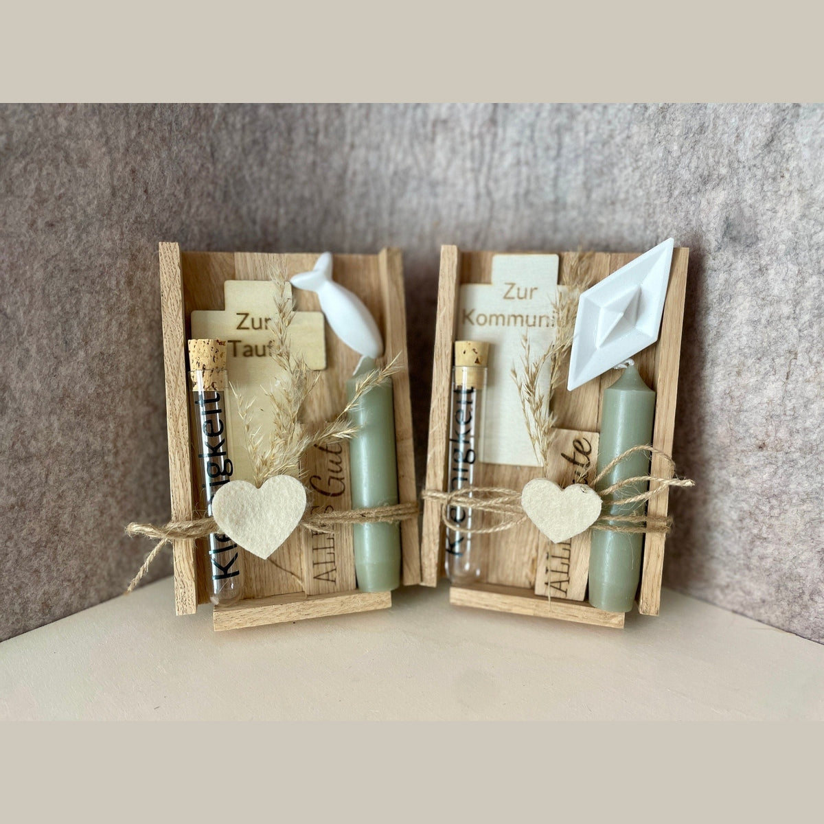 Geldgeschenk zur Jugendweihe mit Kerze, Holzkreuz mit Gravur und Symbol Boot, Taube oder Fisch aus raysin HANDMADE Geschenkset Das Glückswerk