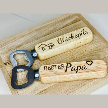 Flaschenöffner aus Holz und Metall mit Gravur - div. Varianten und Individualisierung Flaschenöffner Das Glückswerk