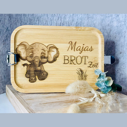 Bento-Box Brotdose mit individueller Gravur und Tiermotiv aus Edelstahl und Bambus Holz 750ml Dose Lunchbox Das Glückswerk