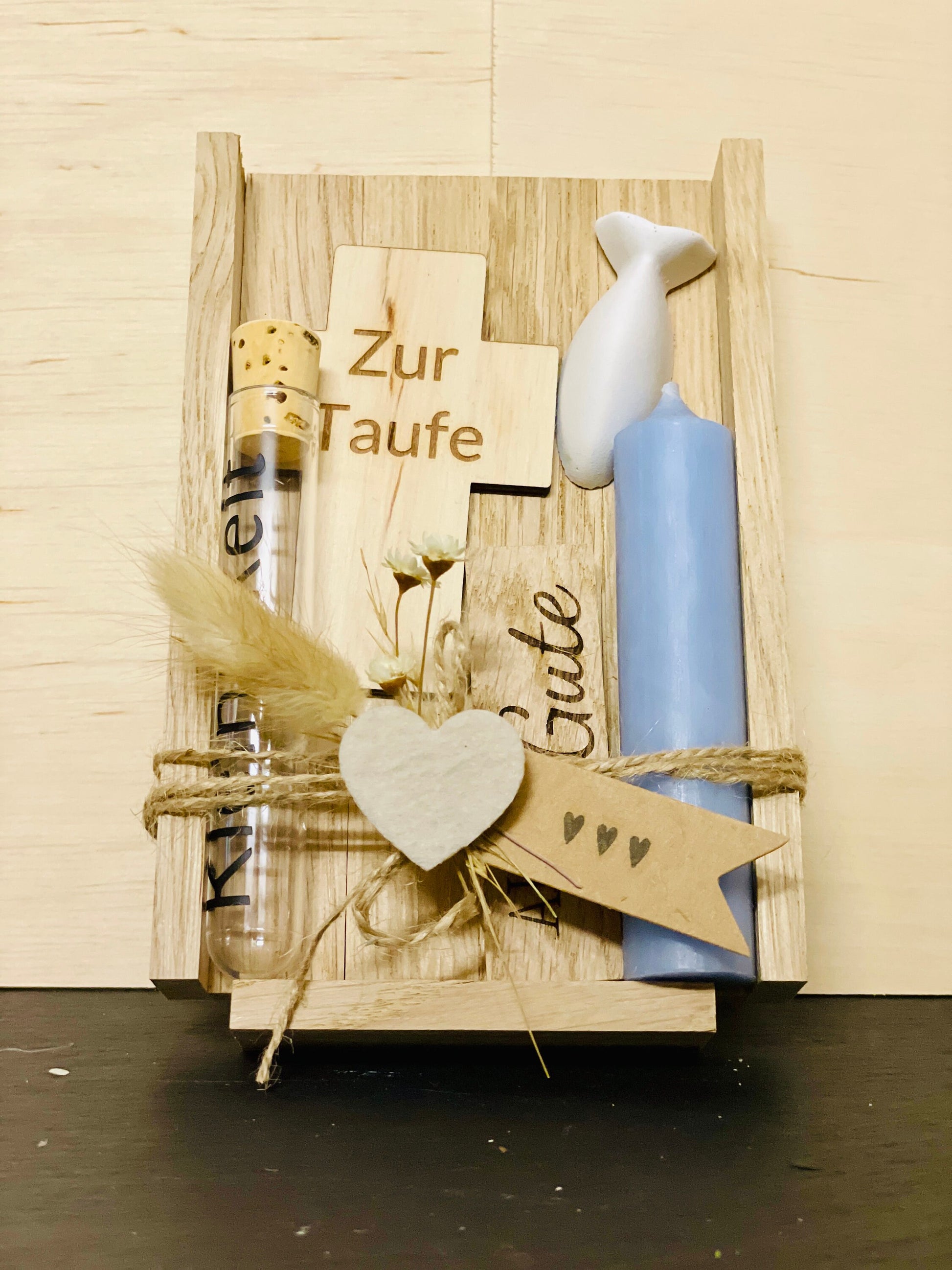 Taufgeschenk Set Kreuz Kerze, Reagenzglas wählbar, personalisiert mit Gravur, DasGlueckswerk, Geburt & Baby, Greeting Cards, holz, raysin, wachs