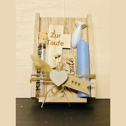 Geldgeschenk zur Jugendweihe mit Kerze, Holzkreuz mit Gravur und Symbol Boot, Taube oder Fisch aus raysin HANDMADE Geschenkset Das Glückswerk