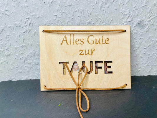 Geldgeschenk Karte aus Holz zur Taufe individualisiert mit Lederband