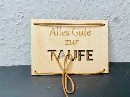 Taufe Erinnerungsstück, Taufe Karte personalisiert, edles Geldgeschenk, individuelle Taufkarte, nachhaltige Geldgeschenkidee, Holz Geldgeschenk, Geschenk zur Taufe mit Gravur, Taufgeschenk mit Lederband.