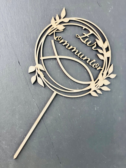 Cake Topper Tortenspieß Tortendekoration Kuchen Torte Kommunion Taufe Kinderkommunion heilige Heilig Dekoration Fisch Kirche Enkel Holz
