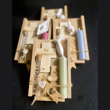 Geldgeschenk zur Jugendweihe mit Kerze, Holzkreuz mit Gravur und Symbol Boot, Taube oder Fisch aus raysin HANDMADE Geschenkset Das Glückswerk