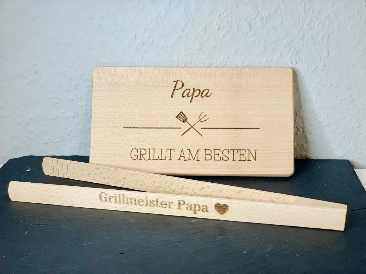 Grillzange personalisiert Edelstahl, Gravur Papa Opa, Geschenk Grillmeister, DasGlueckswerk, , Dining & Serving, holz