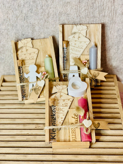 Geldgeschenk Einschulung Schultüte, individualisiertes Set mit Kerze zum ersten Schultag, DasGlueckswerk, Dekoration, Greeting Cards, holz