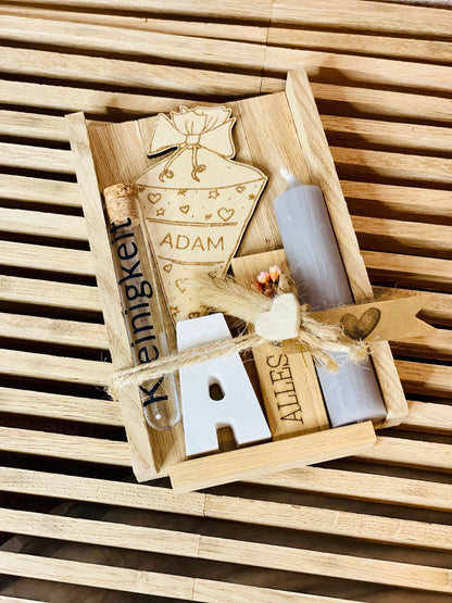 neuer kollege mitarbeiter angestellter geschenk erster Arbeitstag geldgeschenk mitbringsel kerze raysin gravur holz