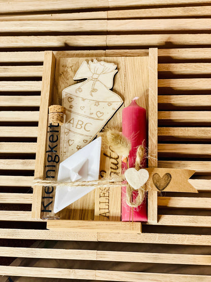 Geldgeschenk Einschulung Schultüte, individualisiertes Set mit Kerze zum ersten Schultag, DasGlueckswerk, Dekoration, Greeting Cards, holz