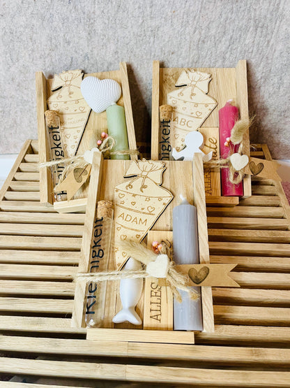 Geldgeschenk-Set zur Einschulung mit Holz-Schultüte und Kerze – Rückansicht